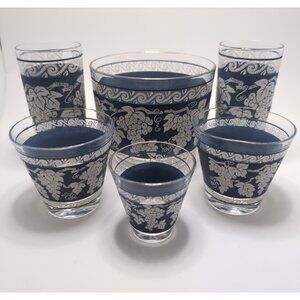 Hazel Atlas 1960s Blue Grape Pattern Glassware Cocktail Barware Vintage Set of 6